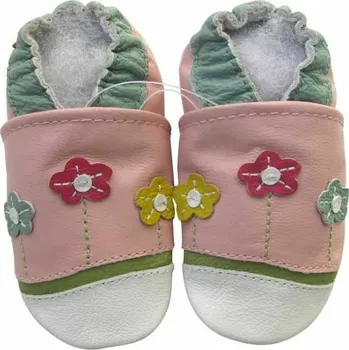 Capáčky CAROZOO Kožené capáčky s koženou podrážkou květiny na růžové 18-24 měsíců Růžová 22,5