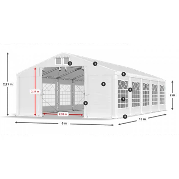 Zahradní stan Párty stan 5x10x2m střecha PVC 620g/m2 boky PVC 620g/m2 konstrukce ZIMA PLUS Šedá Bílá Zelená