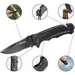 Multifunkční lovecký skládací nůž s řezákem lana a bezpečnostních pásů, hrotem pro rozbíjení skla a otvírákem lahví