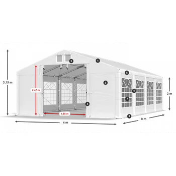 Zahradní stan Párty stan 4x8x2m střecha PVC 620g/m2 boky PVC 620g/m2 konstrukce ZIMA PLUS Bílá Bílá Šedá