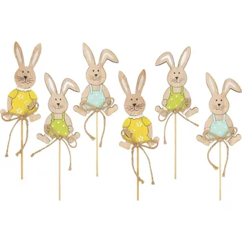 Dekorace do dětského pokoje Zajíc dřevěný 9 cm se špejlí - modré kalhoty