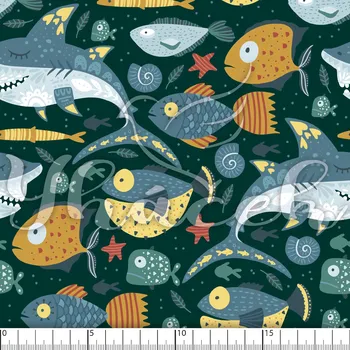 Zakázkový tisk, softshell, kočárkovina... Ryby a rybky na petrolejové Látky k tisku: Teplákovina počesaná nepromokavá