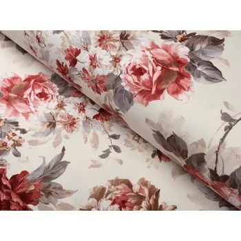 Sametová látka Tamara TMR-017 Červené pivoňky na pískovém - šířka 150 cm