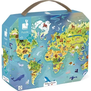 puzzle pro nejmenší Janod Puzzle Mapa světa v kufříku 100 ks