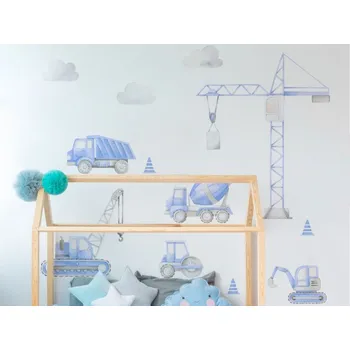 Samolepící dekorace DEKORACJAN Nálepka na zeď - Stavební stroje modré