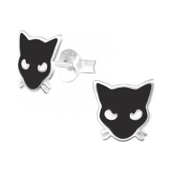 Náušnice Stříbrné náušnice černá kočka - A4S36933 (Stříbrné náušnice na puzetu)