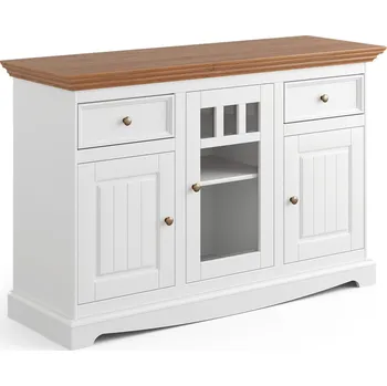 Komoda KATMANDU Dřevěná komoda Belluno Elegante, bílá, medový dub, masiv, borovice, rozměr 85x130x45cm