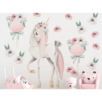 Samolepící dekorace DEKORACJAN Nálepka na zeď - Jednorožec mezi květy