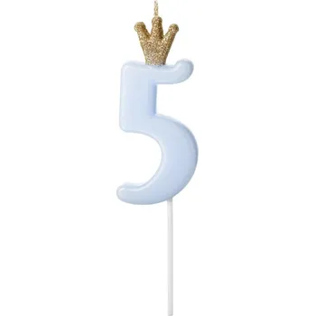Dortová svíčka Narozeninová svíčka s korunkou světle modrá "číslo 5", 9,5 cm