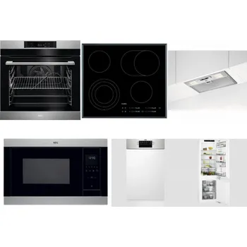 Set domácích spotřebičů AEG BPK742380M + AEG Mastery DirectTouch HK654070FB + AEG DGB3523S + AEG Mastery MSB2547D-M + AEG Mastery MaxiFlex FEE73517PM + AEG Mastery FlexiShelf SCE818D3LC