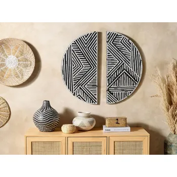 Nástěnná dekorace černá a bílá geometrický vzor kulatá 2dílná ze skla moderní minimalistická Beliani