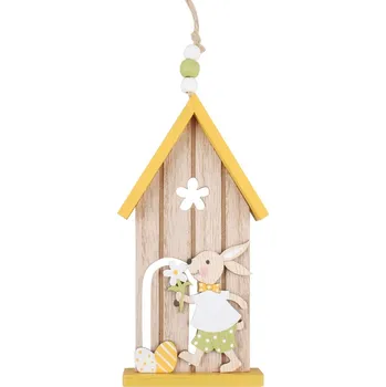 Velikonoční dekorace Domeček se zajíčkem žlutý na zavěšení 16 cm 7450