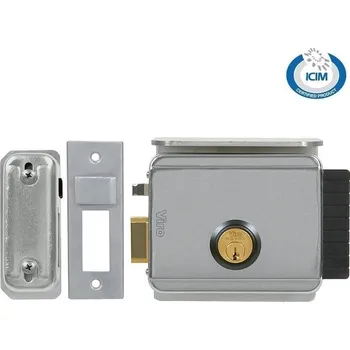 Pohon brány elektrický zámek V97 se dvěma vložkami a stříškou - zámek Viro se střelkou a děleným trnem pro lehčí kryté dveře a branky otevírané ven, vnitřní a vnější kulatá vložka, 3 klíče, pravý