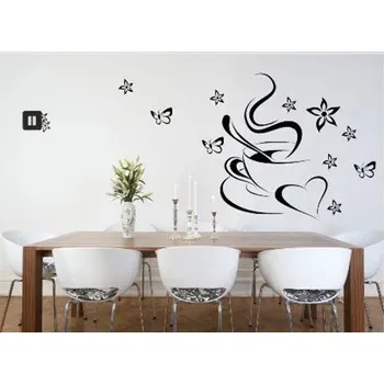 Samolepící dekorace Kuchyňská samolepka na zeď šálek kávy se srdcem a motýly 50 x 100 cm