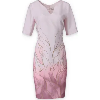 Dámské šaty Šaty elegantní s krátkým ruk. potisk listy Trynite K-1219 barva: růžová, velikost: 50