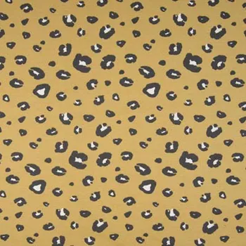 Teplákovina nepočesaná hořčicová, šedo-bílý zvířecí vzor, š.145