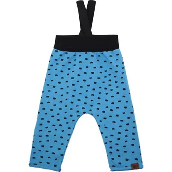 modré bavlněné kalhoty s odepínacími kšandami