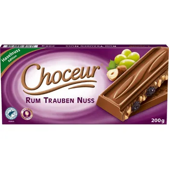 Čokoláda Choceur mléčná čokoláda s rozinkami a lískovými ořechy a rum 200g