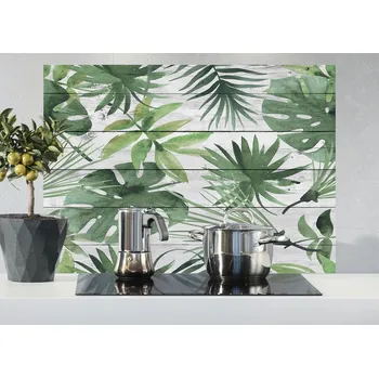 Samolepící dekorace Crearreda Samolepicí panel za sporák Bellacasa Dřevěné desky s tropickými listy 65 x 47 cm