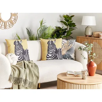 Polštář Sada 2 dekoračních polštářů žluté 45 x 45 cm zvířecí vzor motiv zebry dekorace moderní styl safari styl Beliani