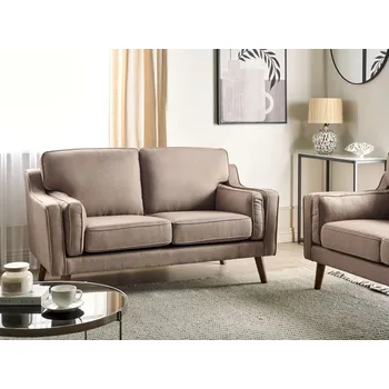 Pohovka Pohovka 2místná světle hnědá látka čalounění dubové dřevěné nohy obývací pokoj retro vintage glamour styl Beliani