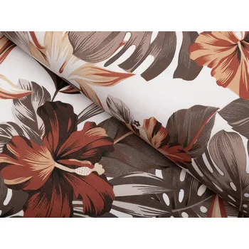 Bavlněná látka/plátno Sandra SA-441 Hnědo-cihlové květy a listy monstery - šířka 160 cm