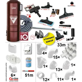 Vysavač Centrální vysavač Cyclovac H2025 (750 AW) + Sada příslušenství ELITE s hadicí 9,1 m (12 ks), Instalační sada potrubí: 33 m - 6x zásuvka. Záruka 10 let. (Centrální vysavač Cyclovac H2025 + Sada příslušenství pro centrální vysávání ELITE s hadicí 9,1 m (12)