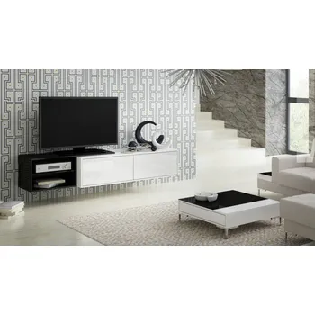 Jídelní stůl ImportWorld RTV stolek závěsný Silvie 2, bílá matná/bílý lesk, police černá matná/černý lesk