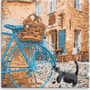 Diamantové malování Diamantové malování - Modré kolo a kočka - 40x40 cm, bez dřevěného rámu - CZ výroba