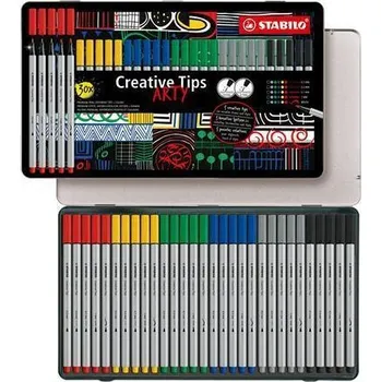 Stabilo Linery Creative Tips ARTY, sada, 6 pastelových barev, 5 šířek stopy, plechová krabička, STABILO 89 467601