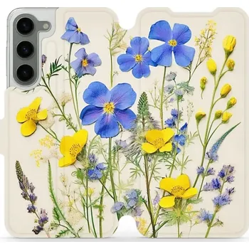 Pouzdro na mobilní telefon Knížkové flip pouzdro Mobiwear - Samsung Galaxy S23 Plus - VP41S Modré a žluté kvítky - VÝPRODEJ (Flip obal, kryt, pouzdro Mobiwear na mobilní telefon Samsung Galaxy S23 Plus s motivem VP41S Modré a žluté kvítky)