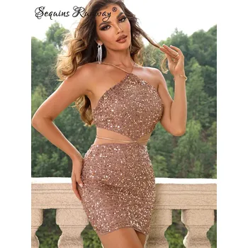 Dámské šaty Sexy mini šaty Sequins SQ641 Barva: Hnědá, Velikost: XL