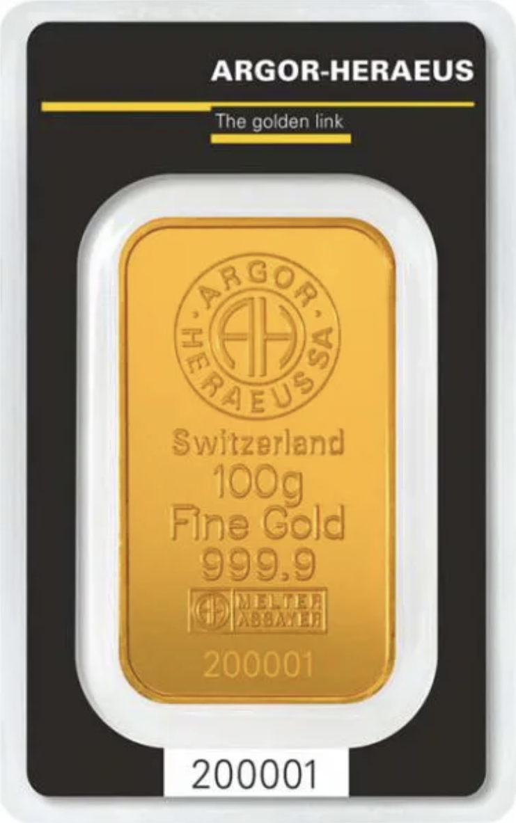 Zlatý slitek 100 g Argor-Heraeus | 999,9 Au (24 kt) | LBMA