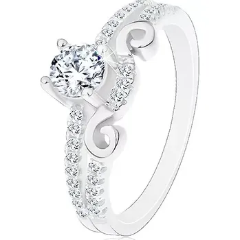 Prsten Stříbrný 925 prsten, rozdělená ramena, zirkon, ornament a zirkonová linie - Velikost: 65