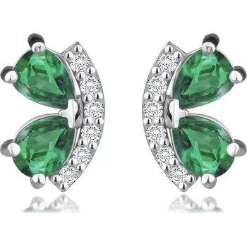 Náušnice Náušnice z bílého 14K zlata - oblouk se zirkony, zelené kamínky, slzičky