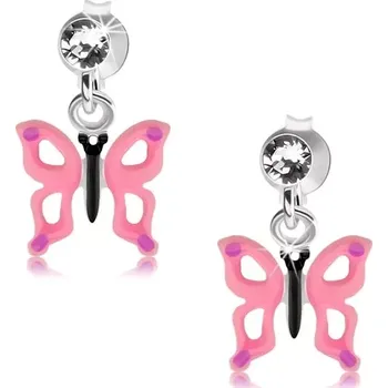 Náušnice Stříbrné 925 náušnice, čirý krystalek, motýl s růžovými křídly a výřezy