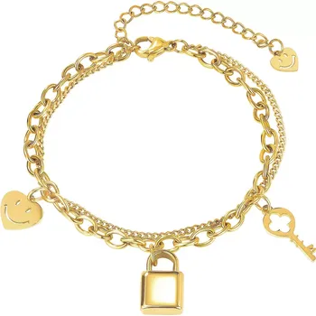 Náramek Ocelový náramek ve zlaté barvě - srdce s usměvavým obličejem, kladka a klíč, dvojitý řetízek