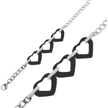 Náramek Náramek z chirurgické oceli stříbrné barvy, tři černé obrysy srdcí z keramiky