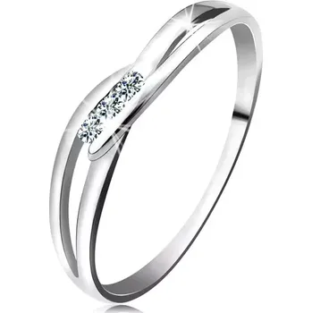 Prsten Prsten z bílého zlata 585 - tři kulaté diamanty čiré barvy, rozdělená ramena - Velikost: 57-58