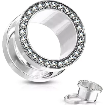 Piercing Tunel do ucha z chirurgické oceli - kulatá linie čirých zirkonů, lesklý povrch - Tloušťka : 22 mm