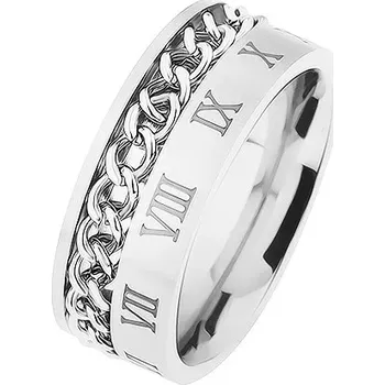 Prsten Prsten z oceli 316L, stříbrná barva, řetízek, vzor - římské číslice - Velikost: 70