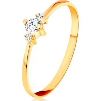 Prsten Prsten ze žlutého 14K zlata se zúženými rameny, tři blýskavé čiré zirkony - Velikost: 54