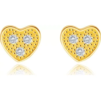 Náušnice Diamantové náušnice ze žlutého 14K zlata - srdíčko se třemi brilianty čiré barvy