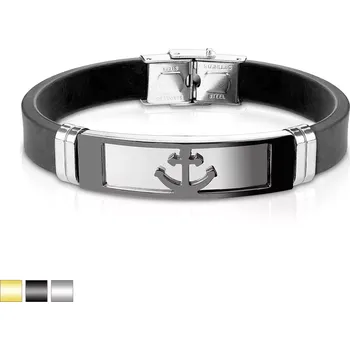 Náramek Ocelový náramek s řemínkem z černého silikonu - podlouhlá známka se vzorem kotvy - Barva: Černá