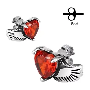 Náušnice Náušnice z chirurgické oceli - andělské křídlo, červené srdce