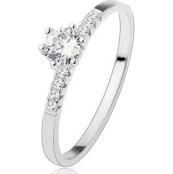 Prsten Zásnubní stříbrný prsten 925, kulatý čirý zirkon, blýskavé linie na ramenech - Velikost: 61