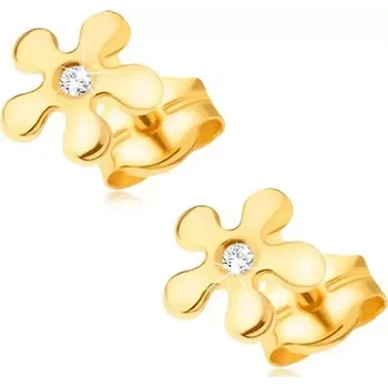 Náušnice Zlaté náušnice 585 - blýskavý kvítek s čirým kulatým diamantem