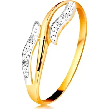 Prsten Diamantový prsten ze 14K zlata, zvlněná dvoubarevná ramena, tři čiré diamanty - Velikost: 64