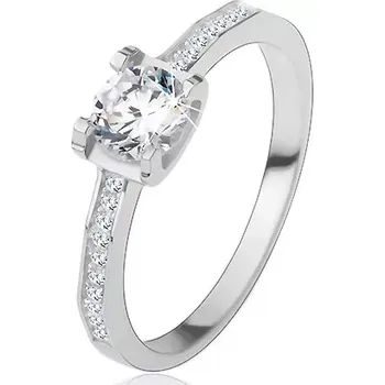 Prsten Stříbrný 925 prsten, lesklá ramena, kulatý broušený zirkon - Velikost: 49