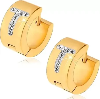 Náušnice Kruhové náušnice z chirurgické oceli zlaté barvy, písmeno T s čirými zirkony